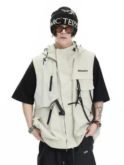 Structured Utility Hooded Vest Korean Street Fashion Vest By INS Korea Shop Online at OH Vault