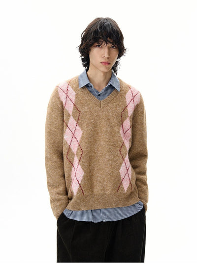Argyle-Patterned V-Neck Sweater Korean Street Fashion Sweater By 77Flight Shop Online at OH Vault