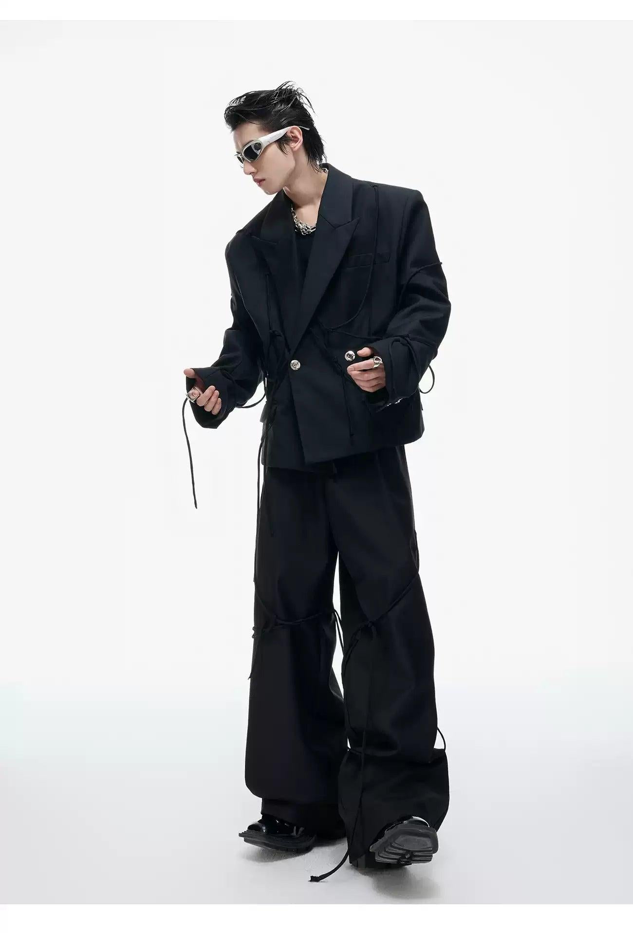 Buttoned Drawstring Detail Blazer & Wide Leg Trousers Set Korean Street Fashion Clothing Set By Argue Culture Shop Online at OH Vault