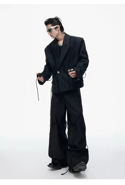 Buttoned Drawstring Detail Blazer & Wide Leg Trousers Set Korean Street Fashion Clothing Set By Argue Culture Shop Online at OH Vault