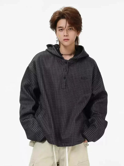Checkered Half-Button Hooded Jacket Korean Street Fashion Jacket By INS Korea Shop Online at OH Vault