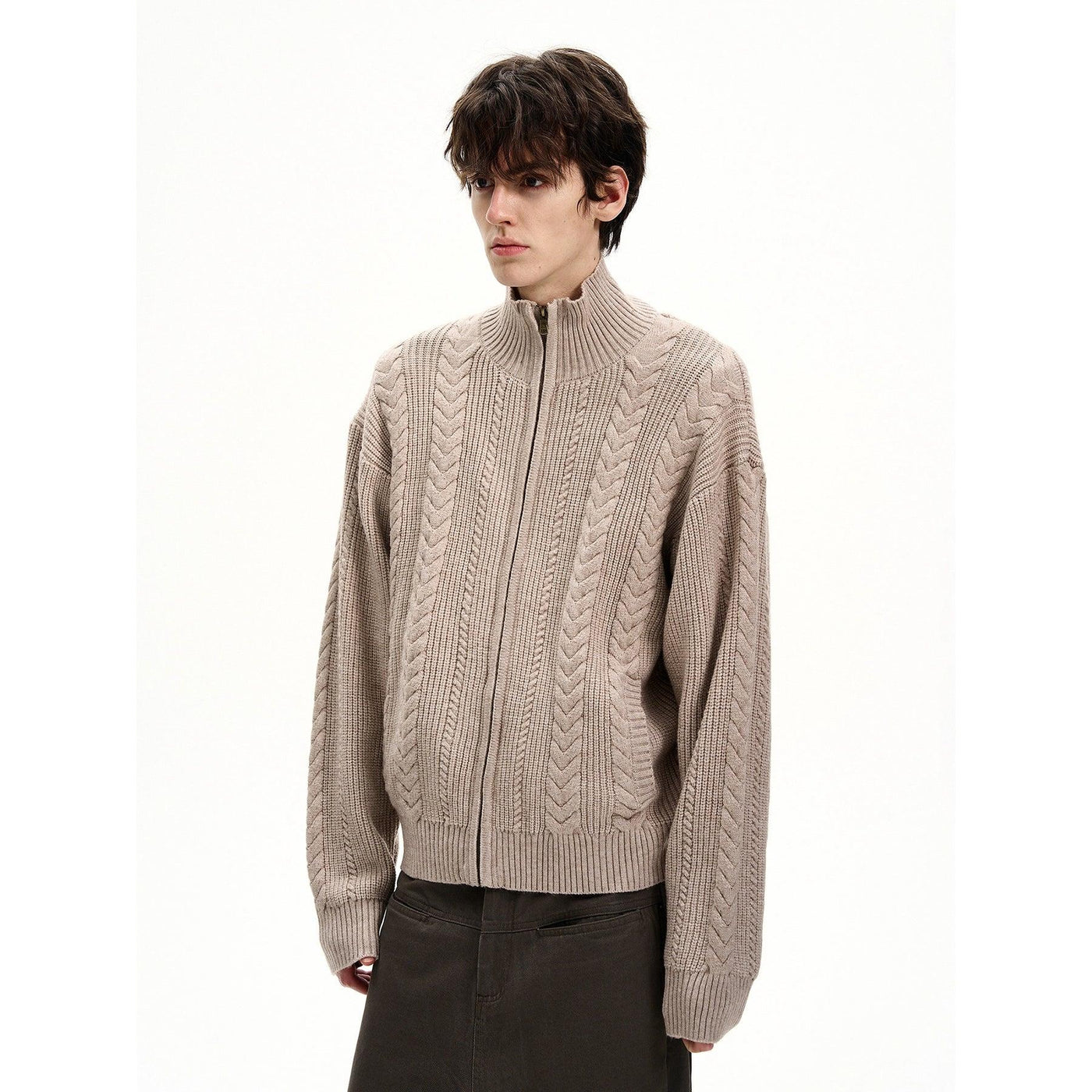 Stand Collar Cable Knit Zipped Jacket Korean Street Fashion Jacket By MaxDstr Shop Online at OH Vault