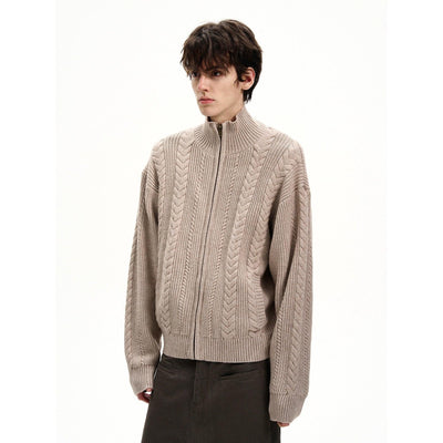 Stand Collar Cable Knit Zipped Jacket Korean Street Fashion Jacket By MaxDstr Shop Online at OH Vault
