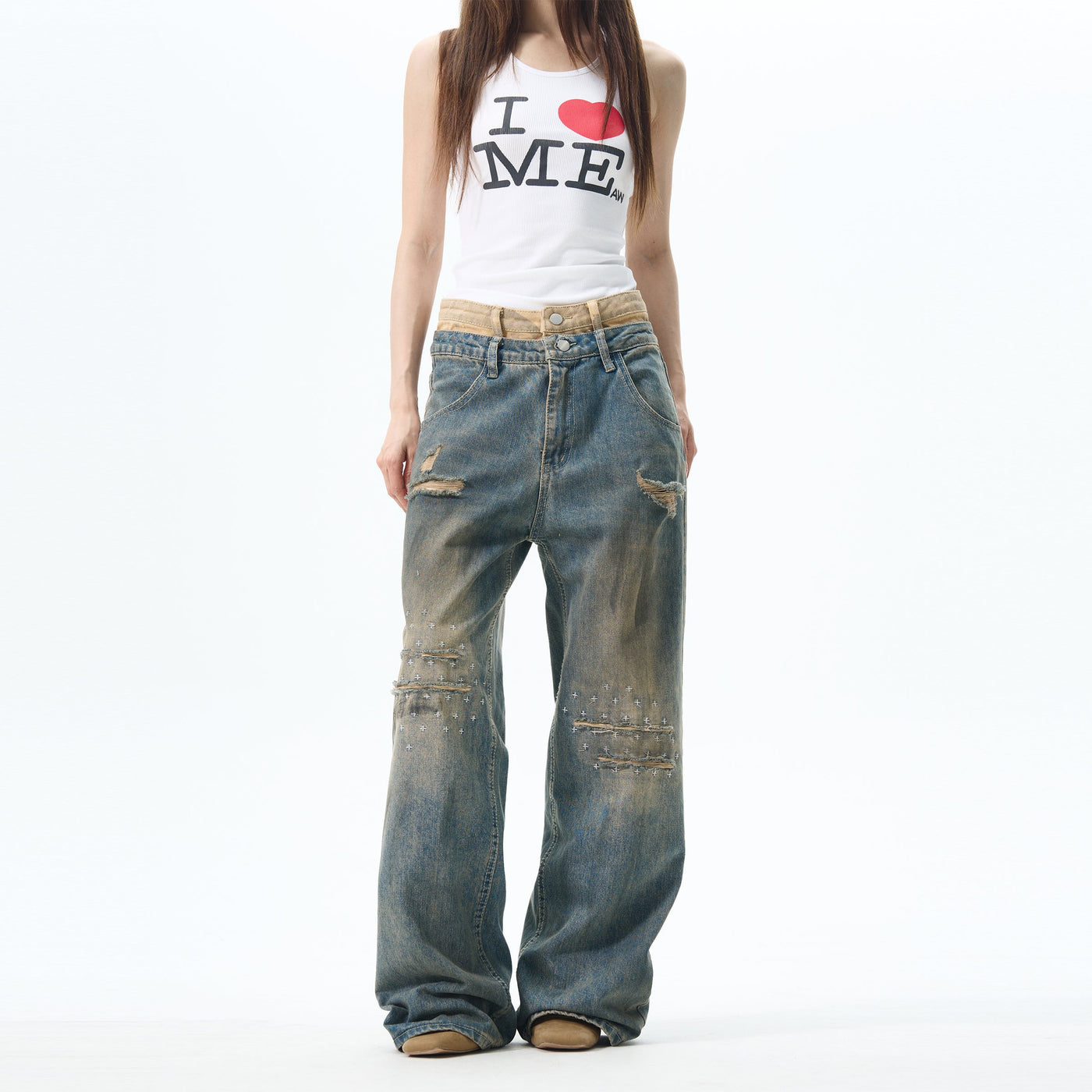 Double Waists Ripped Straight Jeans Korean Street Fashion Jeans By 77Flight Shop Online at OH Vault