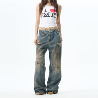 Double Waists Ripped Straight Jeans Korean Street Fashion Jeans By 77Flight Shop Online at OH Vault