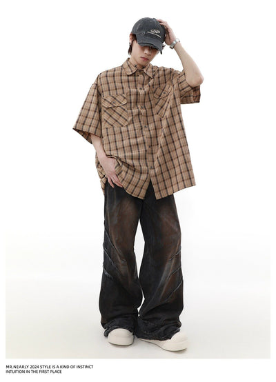 Plaid Buttoned Short Sleeve Shirt Korean Street Fashion Shirt By Mr Nearly Shop Online at OH Vault