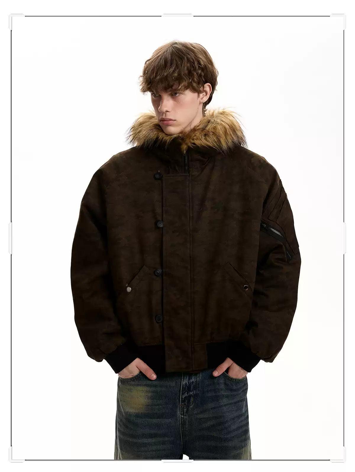 Fur-Trim Hood Camo Bomber Jacket Korean Street Fashion Jacket By A PUEE Shop Online at OH Vault