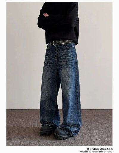 Creased Lines Wide Leg Jeans Korean Street Fashion Jeans By A PUEE Shop Online at OH Vault