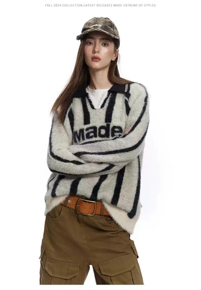 Logo Striped V-Neck Sweater Korean Street Fashion Sweater By Made Extreme Shop Online at OH Vault