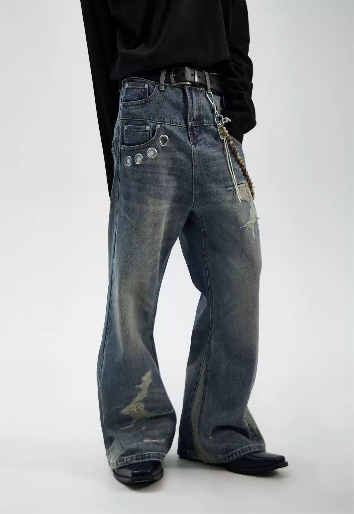 Stitched Ripped Flared Jeans Korean Street Fashion Jeans By Ash Dark Shop Online at OH Vault