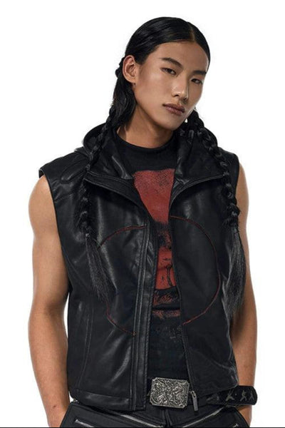 Stars Patched Hooded PU Leather Vest Korean Street Fashion Vest By Slim Black Shop Online at OH Vault