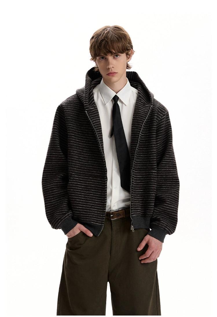 Ribbed Hem Stripes Zip-Up Hoodie