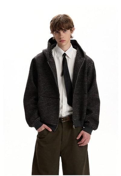 Ribbed Hem Stripes Zip-Up Hoodie