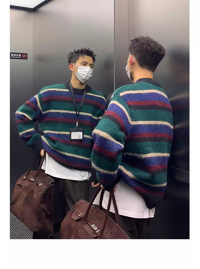 Vintage Striped Round Neck Sweater Korean Street Fashion Sweater By Poikilotherm Shop Online at OH Vault
