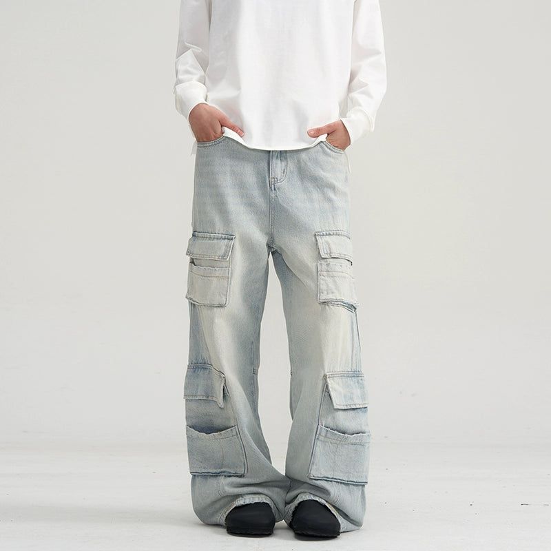 Multi-Detail Pockets Cargo Jeans Korean Street Fashion Jeans By A PUEE Shop Online at OH Vault