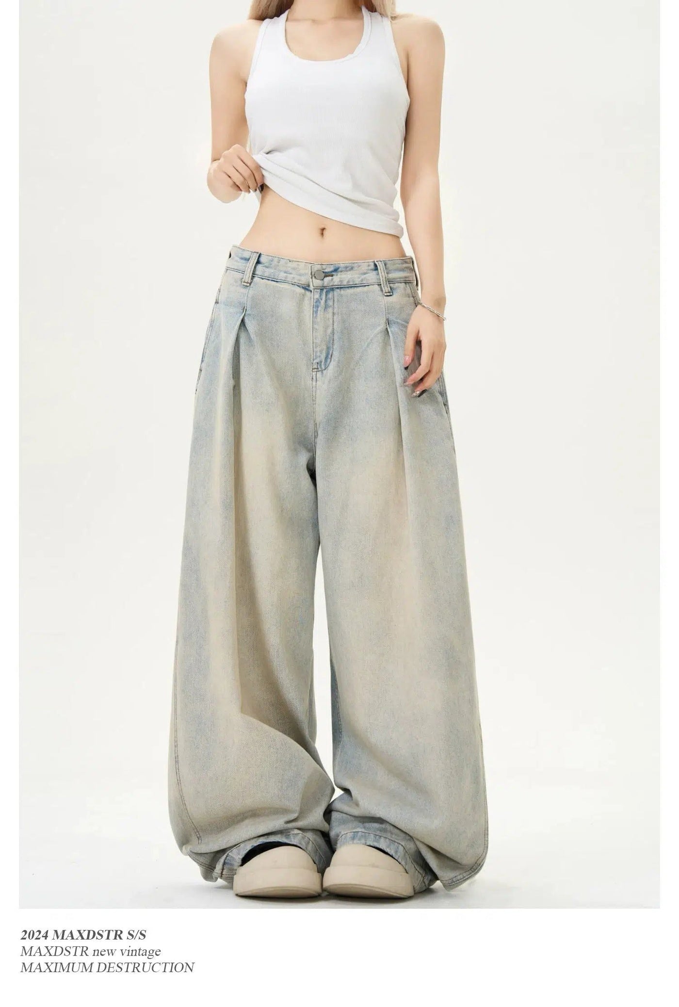 Mud-Washed Pleated Jeans Korean Street Fashion Jeans By MaxDstr Shop Online at OH Vault