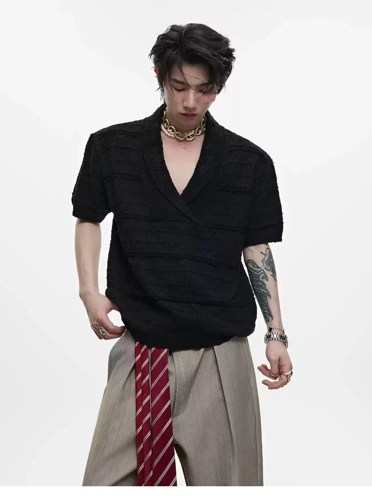 Textured V-Neck Knit T-Shirt Korean Street Fashion T-Shirt By Argue Culture Shop Online at OH Vault