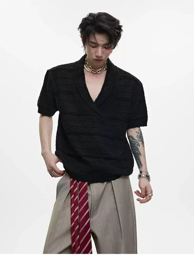 Textured V-Neck Knit T-Shirt Korean Street Fashion T-Shirt By Argue Culture Shop Online at OH Vault
