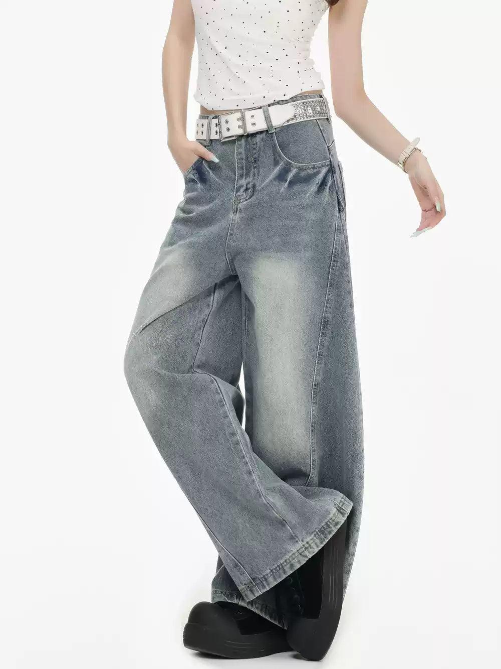 Structured Faded Wide Leg Jeans Korean Street Fashion Jeans By INS Korea Shop Online at OH Vault