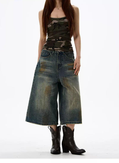 Stain Washed Wide Denim Shorts Korean Street Fashion Shorts By 77Flight Shop Online at OH Vault