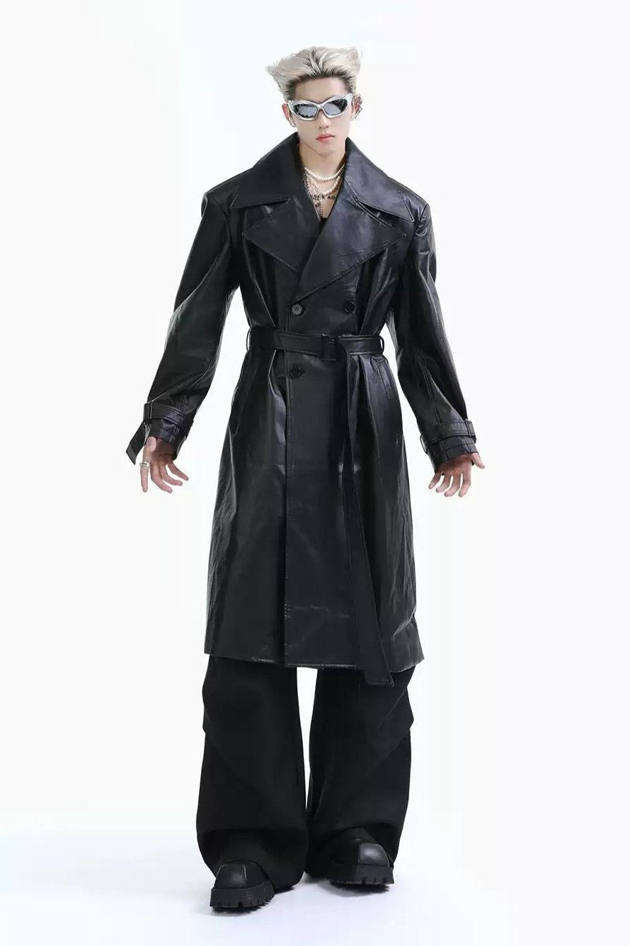 Waist Belt Leather Long Coat Korean Street Fashion Long Coat By Turn Tide Shop Online at OH Vault