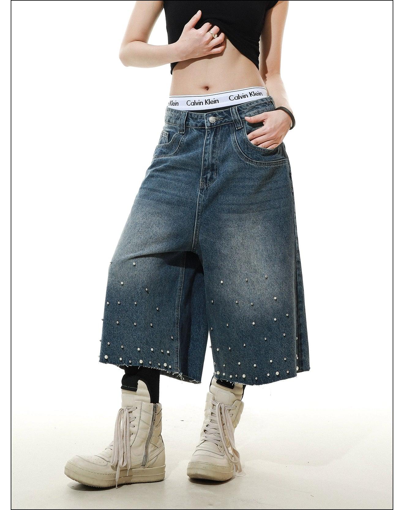 Pearled and Faded Denim Shorts Korean Street Fashion Shorts By Mr Nearly Shop Online at OH Vault