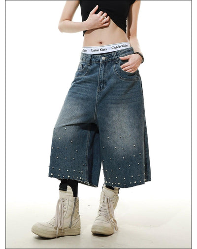 Pearled and Faded Denim Shorts Korean Street Fashion Shorts By Mr Nearly Shop Online at OH Vault
