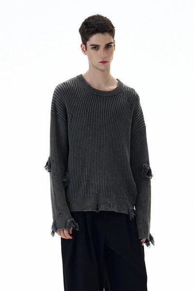 Distressed Textured Round Neck Sweater Korean Street Fashion Sweater By 77Flight Shop Online at OH Vault