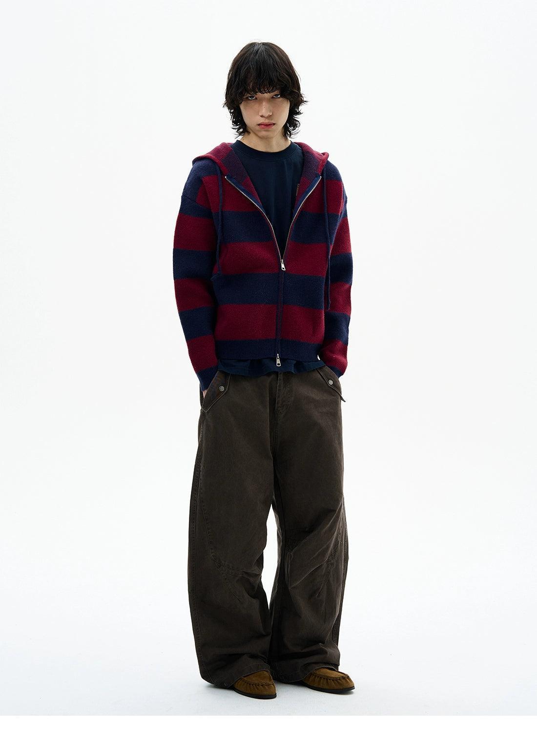 Wide Striped Zip-Up Knit Hoodie Korean Street Fashion Hoodie By 77Flight Shop Online at OH Vault