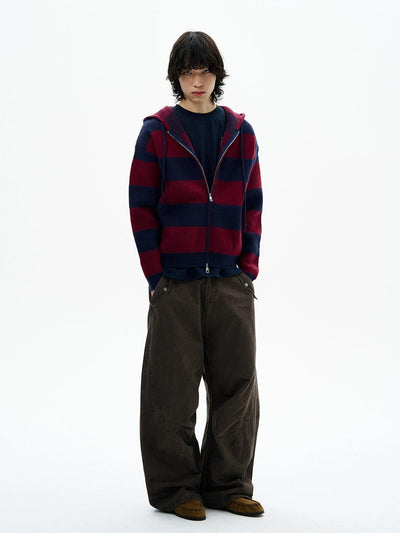 Wide Striped Zip-Up Knit Hoodie Korean Street Fashion Hoodie By 77Flight Shop Online at OH Vault