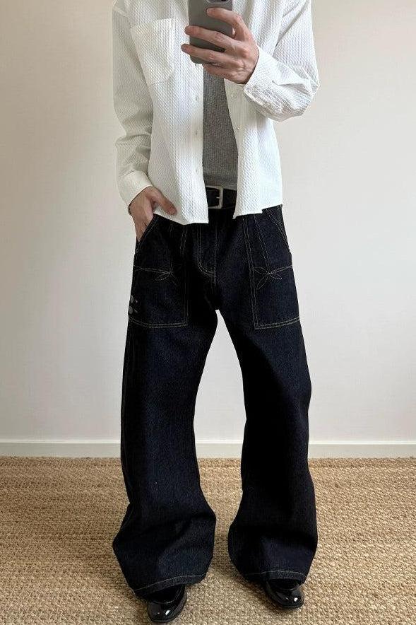 Contrast Outlined Pocket Wide Jeans Korean Street Fashion Jeans By A PUEE Shop Online at OH Vault