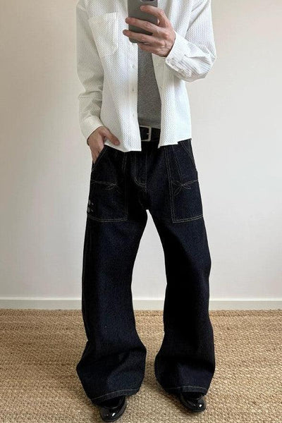 Contrast Outlined Pocket Wide Jeans Korean Street Fashion Jeans By A PUEE Shop Online at OH Vault