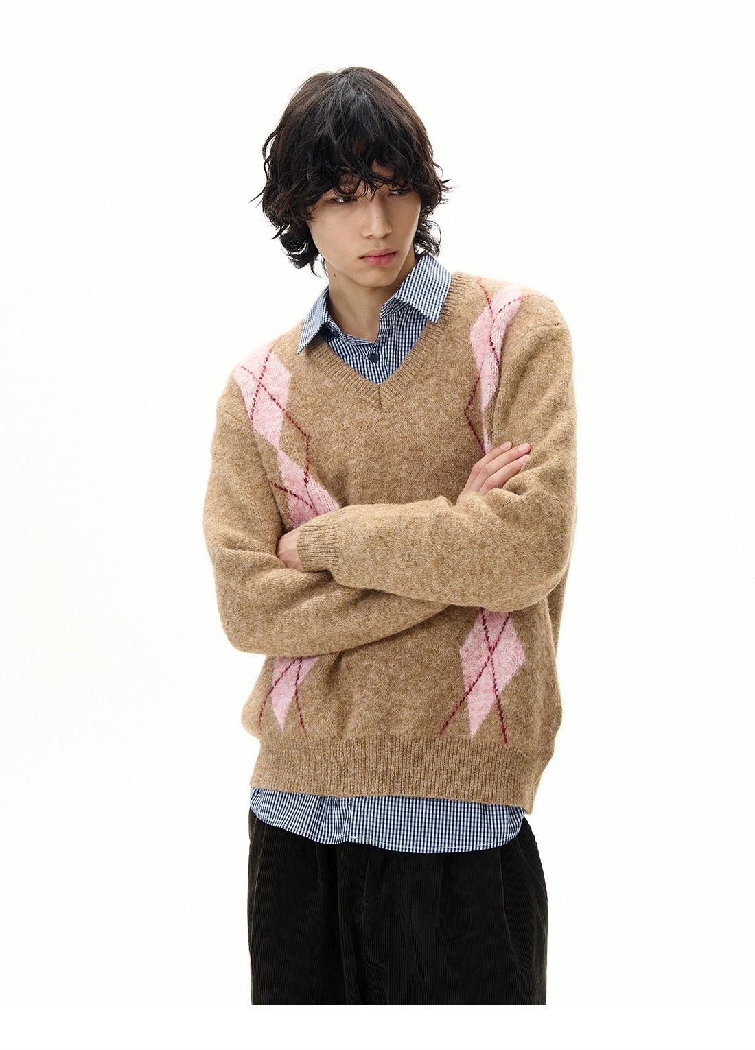 Argyle-Patterned V-Neck Sweater Korean Street Fashion Sweater By 77Flight Shop Online at OH Vault
