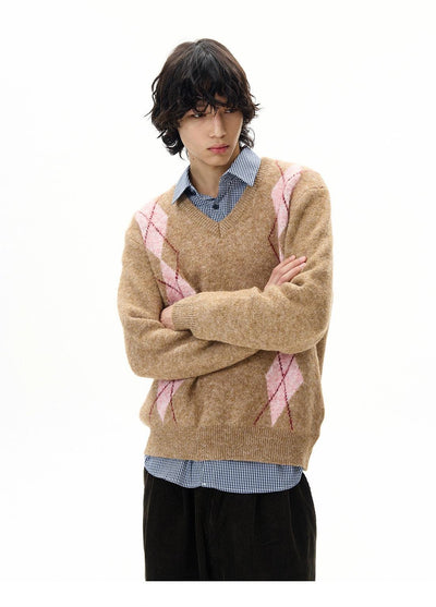 Argyle-Patterned V-Neck Sweater Korean Street Fashion Sweater By 77Flight Shop Online at OH Vault