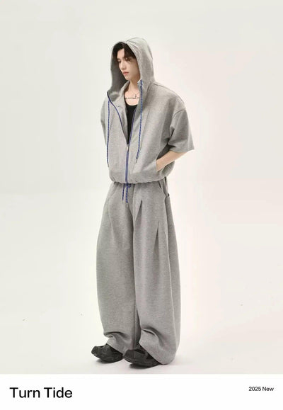 Contrast Drawstring Zipped Hoodie & Pleated Sweatpants Set Korean Street Fashion Clothing Set By Turn Tide Shop Online at OH Vault