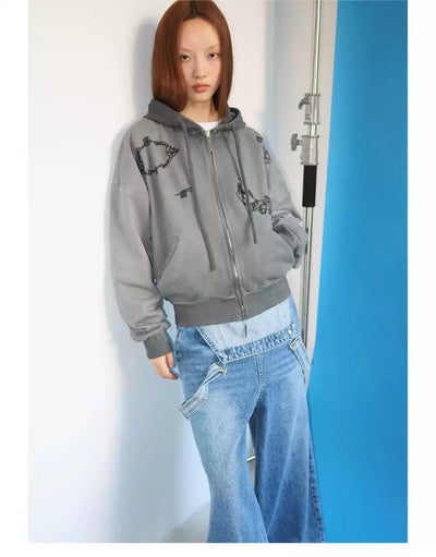 Rhinestoned Drawings Dual-End Zipped Hoodie Korean Street Fashion Hoodie By Funky Fun Shop Online at OH Vault