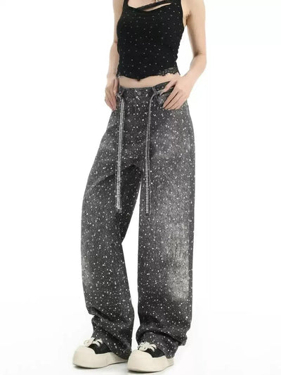 Starry Pattern Belt Strap Jeans Korean Street Fashion Jeans By INS Korea Shop Online at OH Vault