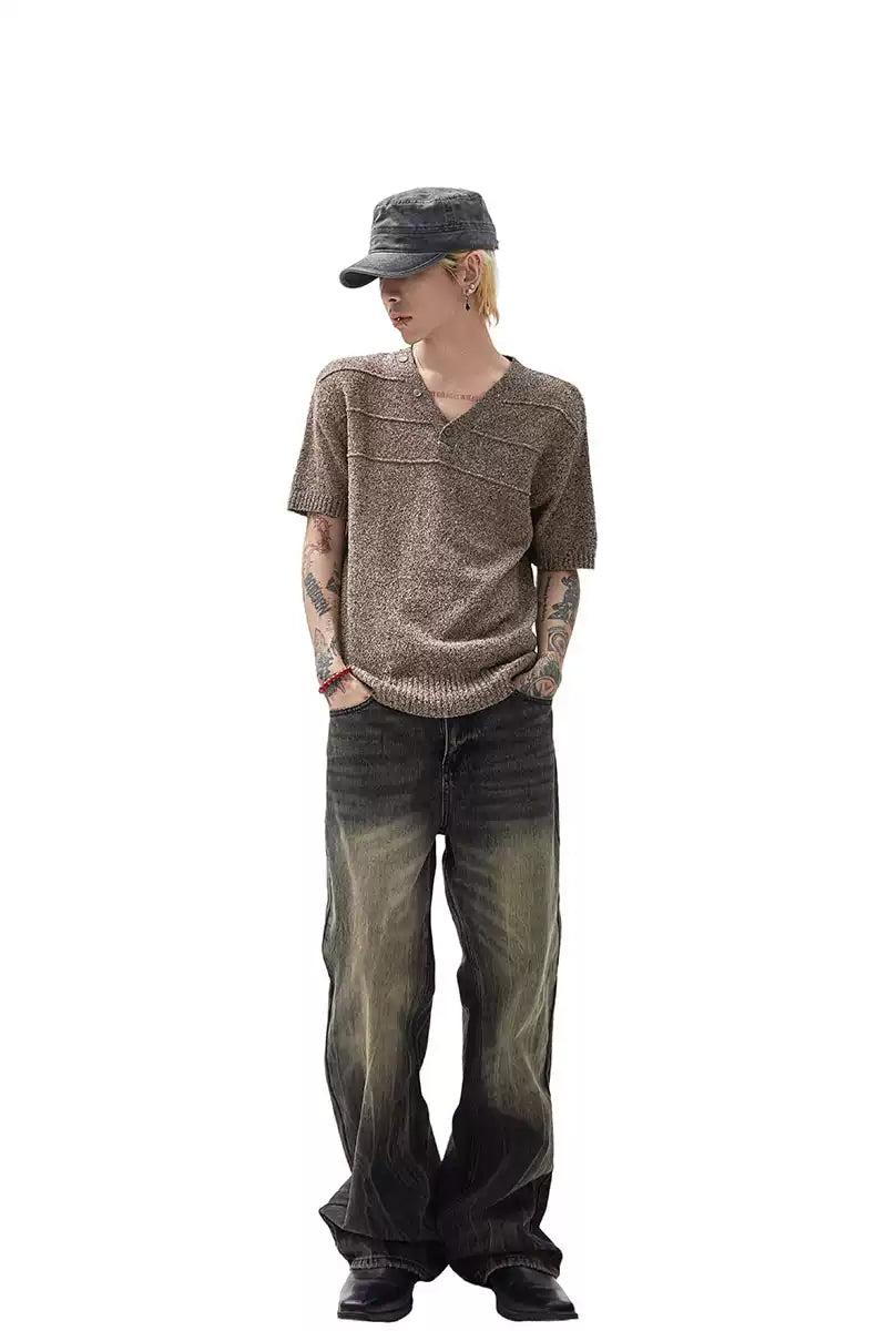 Textured Knit V-Neck T-Shirt Korean Street Fashion T-Shirt By Ash Dark Shop Online at OH Vault
