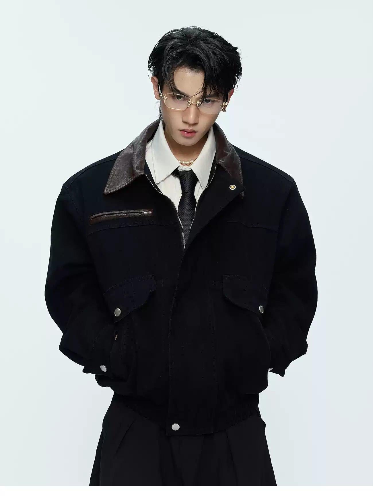 Faux Leather Collar Denim Jacket Korean Street Fashion Jacket By Argue Culture Shop Online at OH Vault