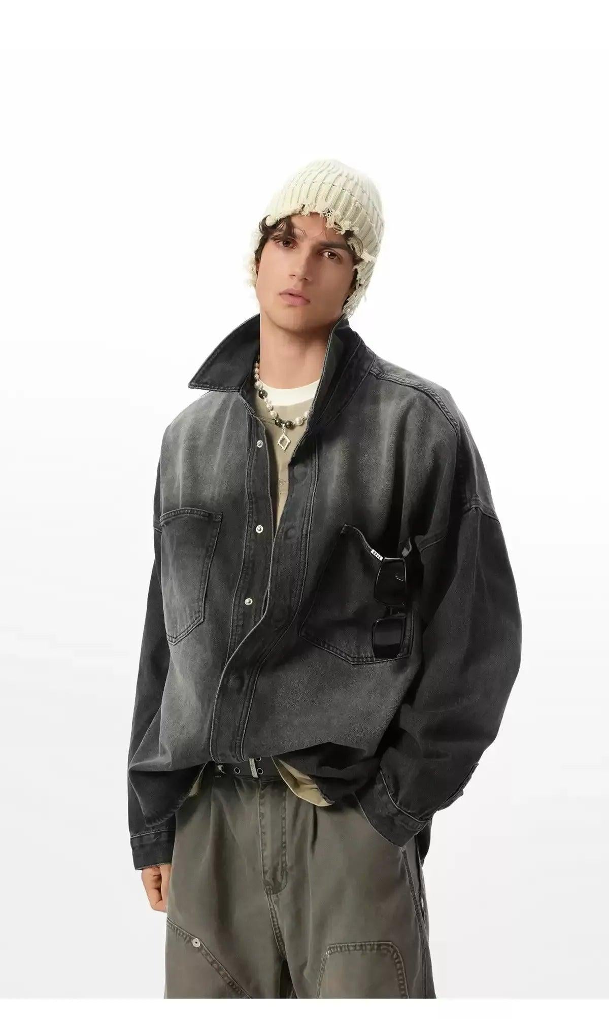 Breast Pocket Washed Denim Shirt Korean Street Fashion Shirt By JHYQ Shop Online at OH Vault