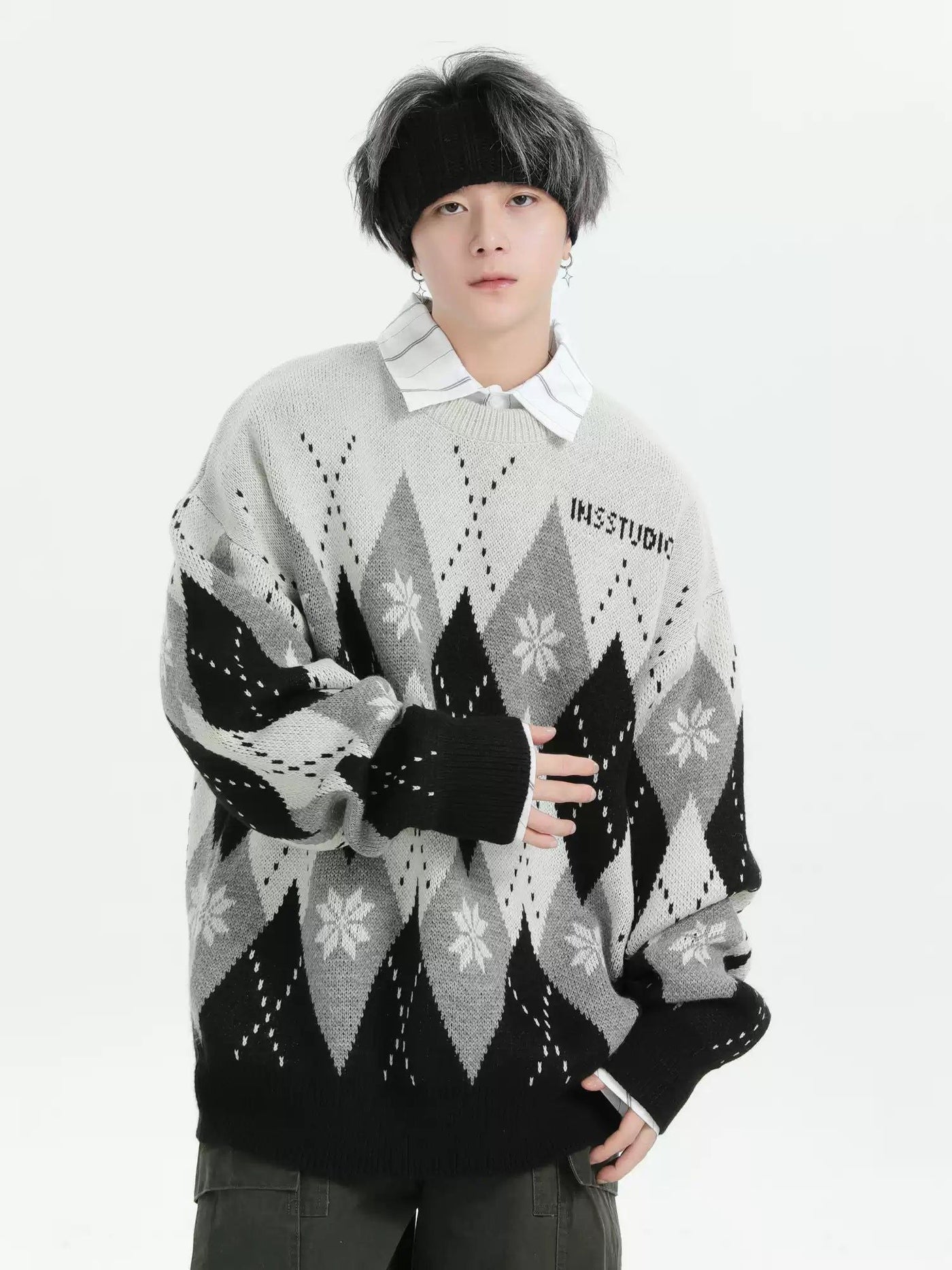 Argyle Color Contrast Sweater Korean Street Fashion Sweater By INS Korea Shop Online at OH Vault