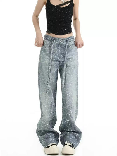 Starry Pattern Belt Strap Jeans Korean Street Fashion Jeans By INS Korea Shop Online at OH Vault