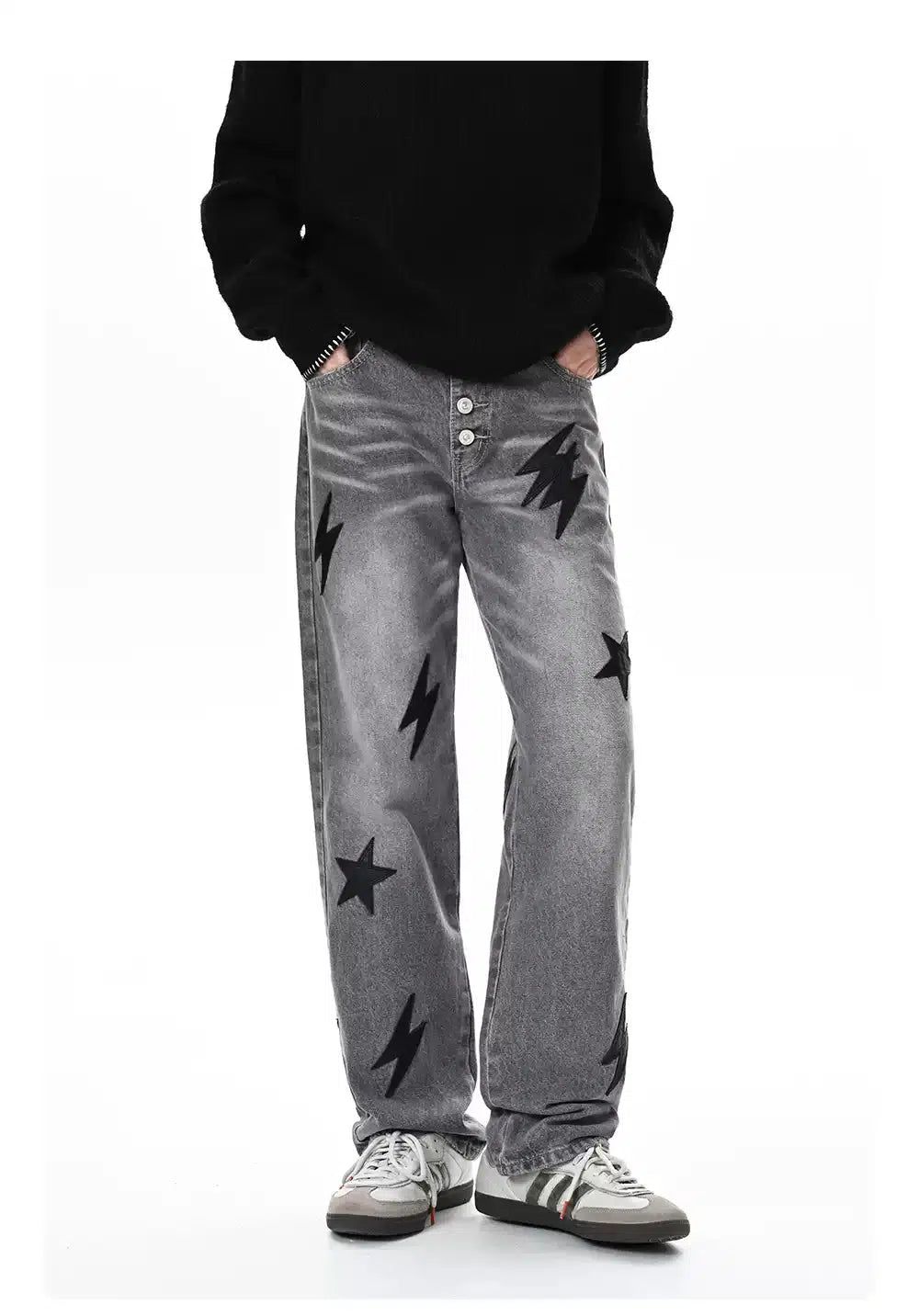 Lightning Leather Patched Jeans Korean Street Fashion Jeans By Made Extreme Shop Online at OH Vault