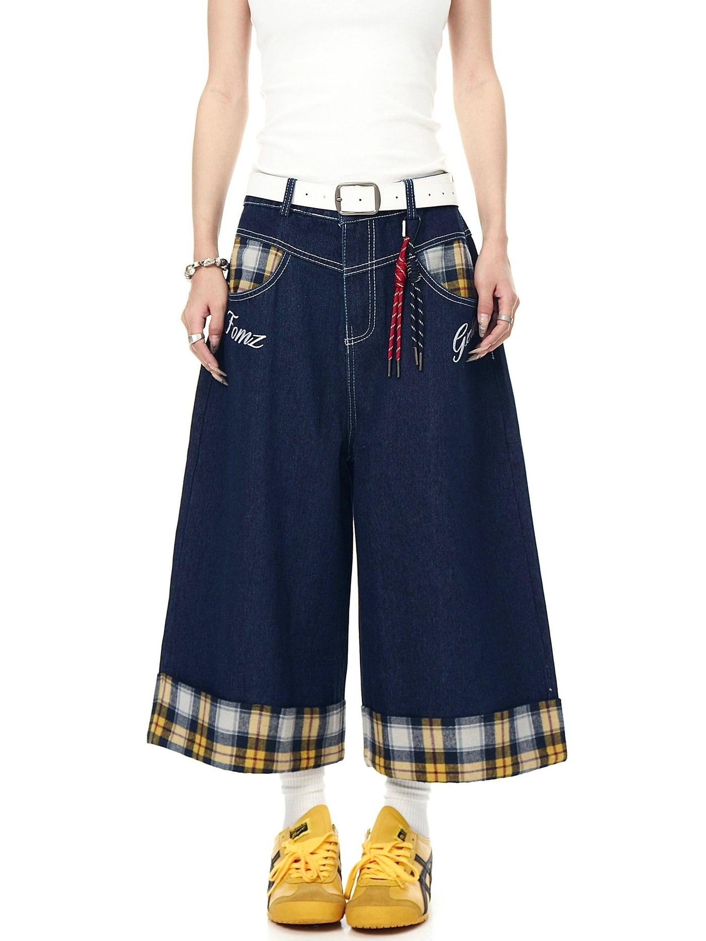 Plaid Spliced Wide Denim Shorts Korean Street Fashion Shorts By Blacklists Shop Online at OH Vault