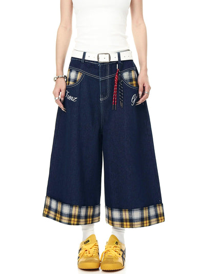 Plaid Spliced Wide Denim Shorts Korean Street Fashion Shorts By Blacklists Shop Online at OH Vault