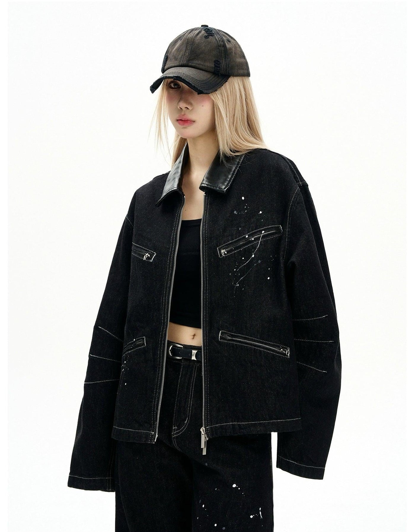 Paint Splash Leather Collar Denim Jacket Korean Street Fashion Jacket By MaxDstr Shop Online at OH Vault