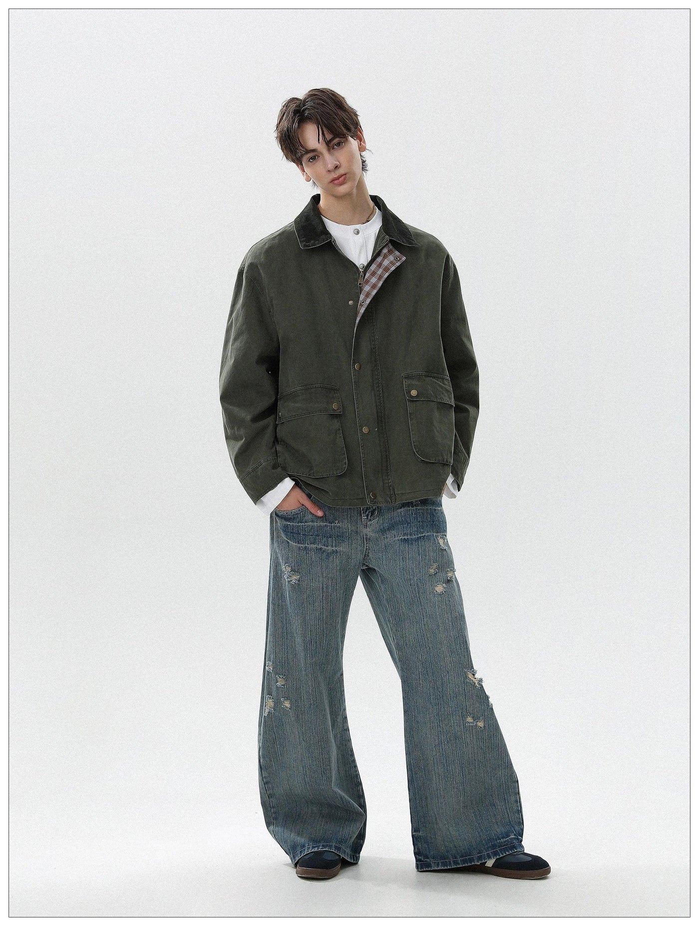 Plaid Lining Snap Buttoned Jacket Korean Street Fashion Jacket By Mr Nearly Shop Online at OH Vault