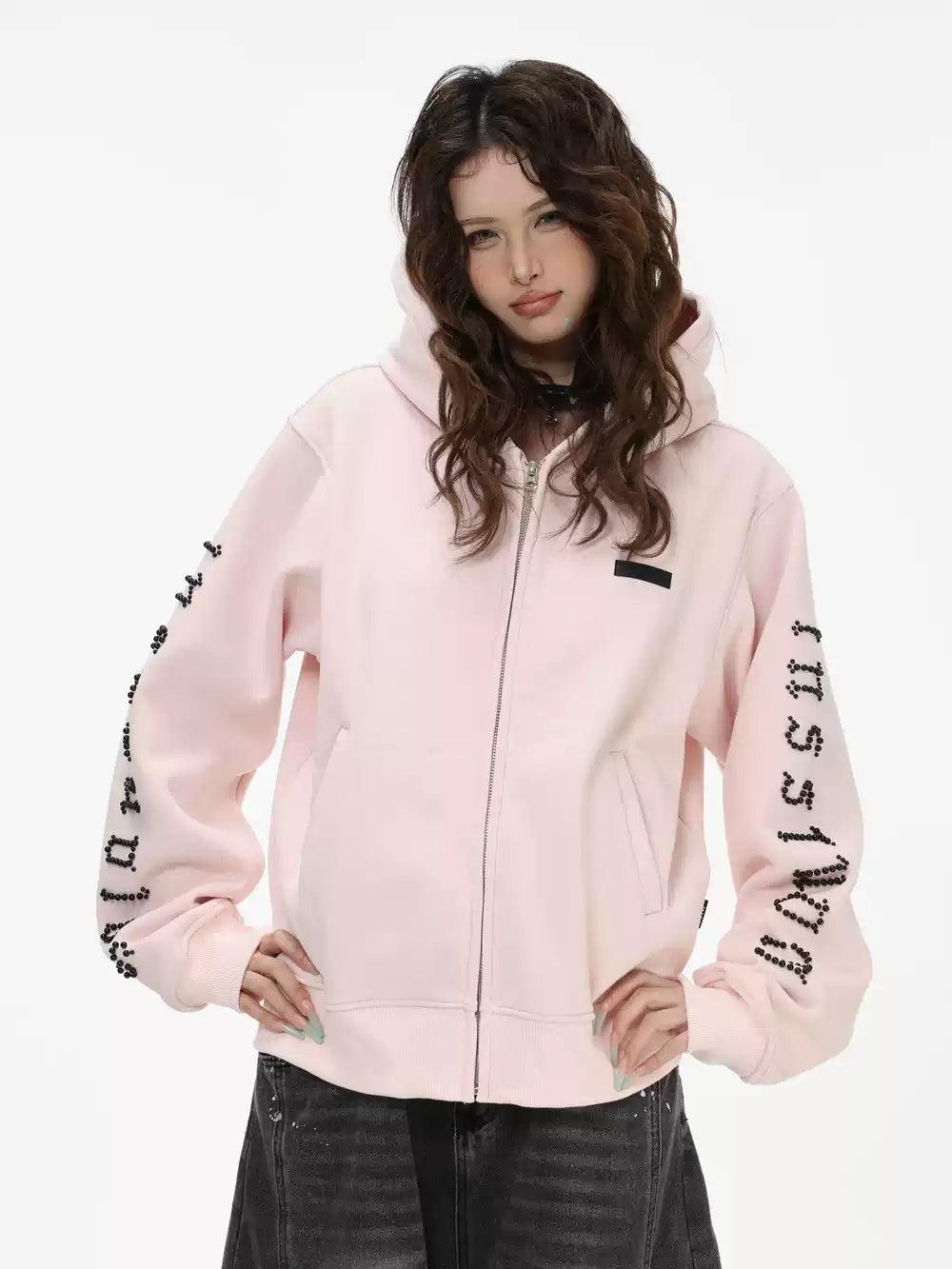 Pearled Logo Zip-Up Hoodie Korean Street Fashion Hoodie By INS Korea Shop Online at OH Vault