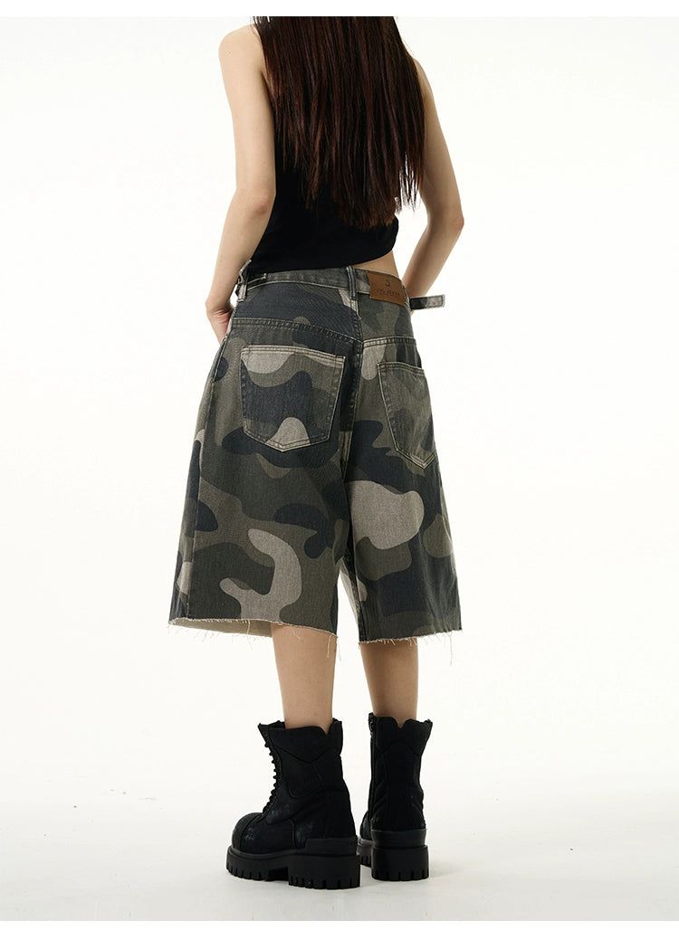 Camo Raw Edge Denim Shorts Korean Street Fashion Shorts By 77Flight Shop Online at OH Vault
