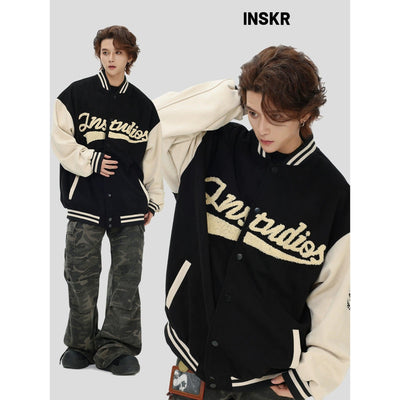 Flock Embroidered Logo Varsity Jacket Korean Street Fashion Jacket By INS Korea Shop Online at OH Vault